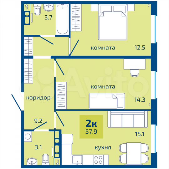 2-к. квартира, 57,9 м², 6/10 эт.
