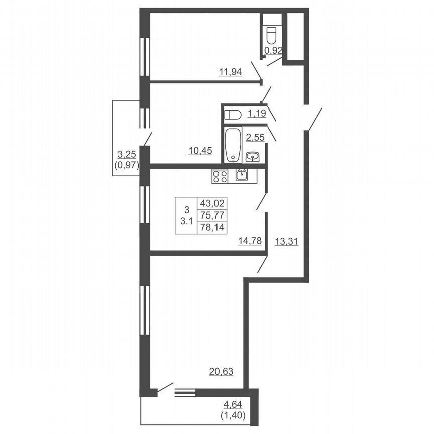 3-к. квартира, 78,1 м², 8/16 эт.