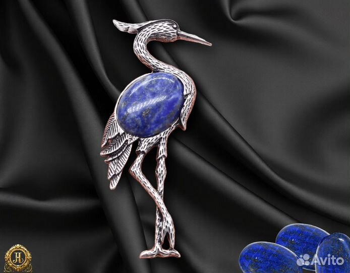 Брошь с лазуритом натуральным Журавль Премиум клас
