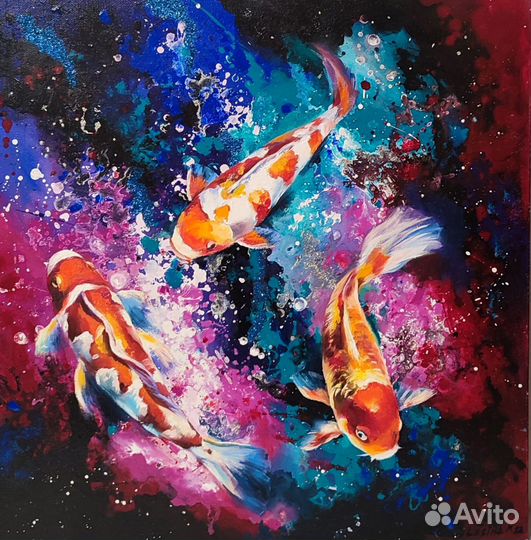 Картина маслом на холсте с карпами 60/60 см