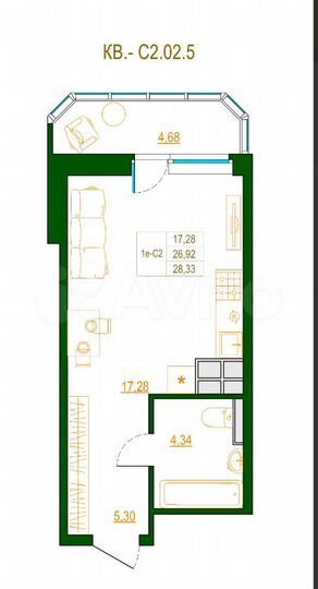 Квартира-студия, 28,6 м², 17/20 эт.