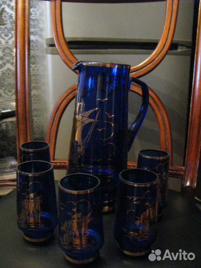 Графин с бокалами синее стекло