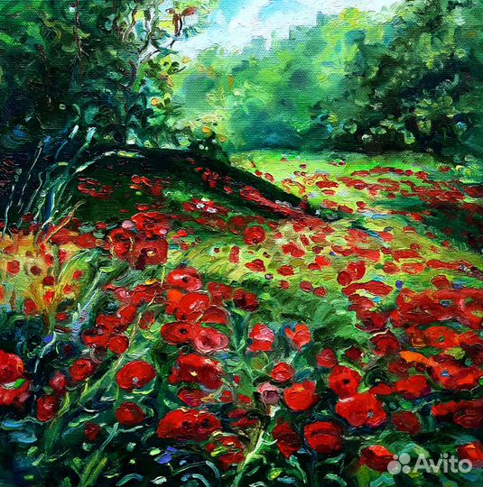 Картина маслом Маковая Поляна холст 30 см на 30см