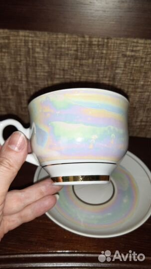 Чайная пара фарфор,перламутр,позолота,СССР,мфз