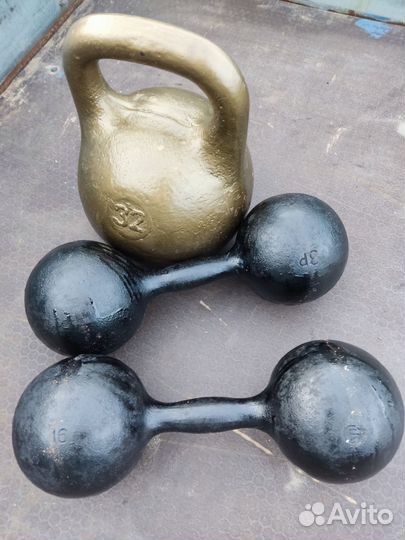 Гиря 32 кг, гантели 16 кг