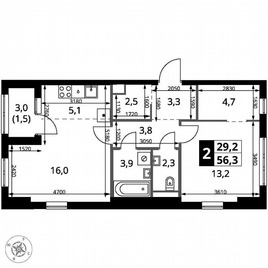 1-к. квартира, 56,3 м², 15/18 эт.