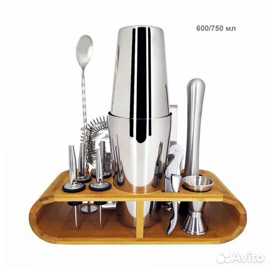 Набор бармена (подставка бамбук, шейкер Бостон 600