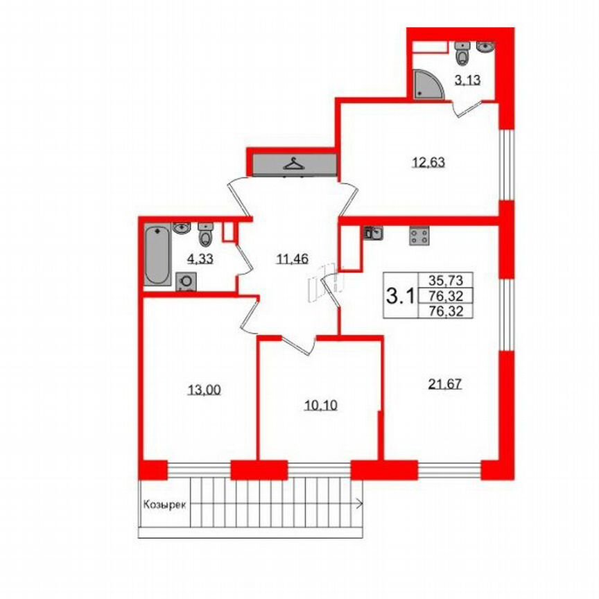 3-к. квартира, 76,3 м², 1/12 эт.