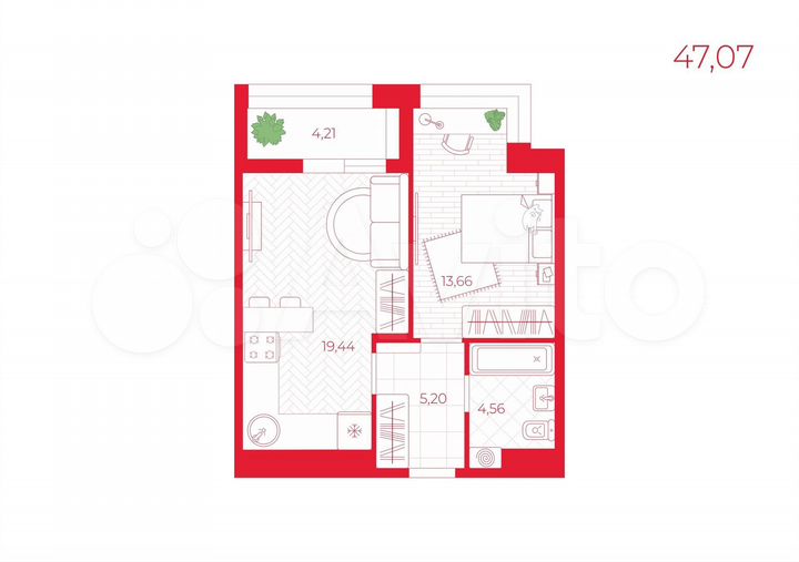 1-к. квартира, 47,1 м², 10/13 эт.