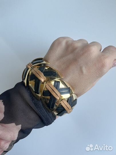 Массивный винтажный браслет кожа с золотом