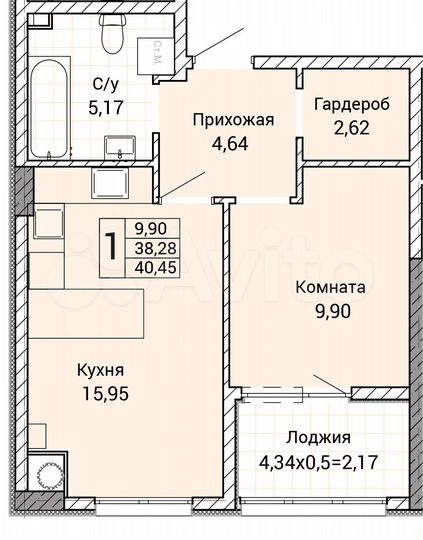 1-к. квартира, 40,5 м², 1/9 эт.