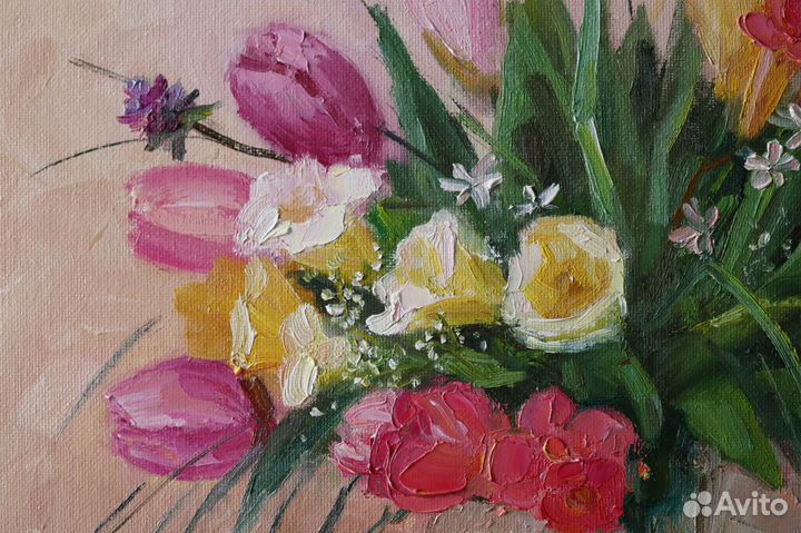 Картина маслом Цветы Тюльпаны 35х40см холст картон