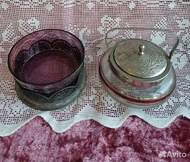 Сахарница и вазочка цветное стекло скань СССР