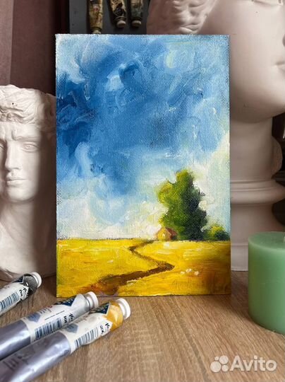 Картина с пейзажем дом у дороге