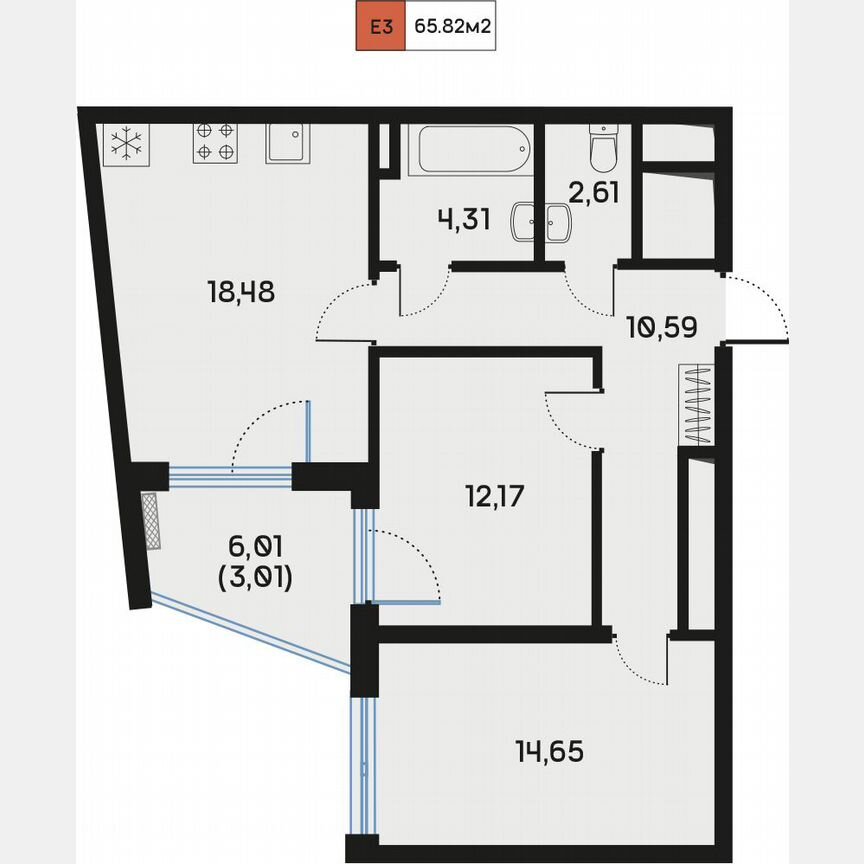 2-к. квартира, 66,2 м², 3/9 эт.