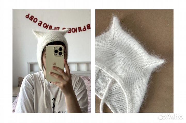 Белый чепчик с ушками из пуха норки