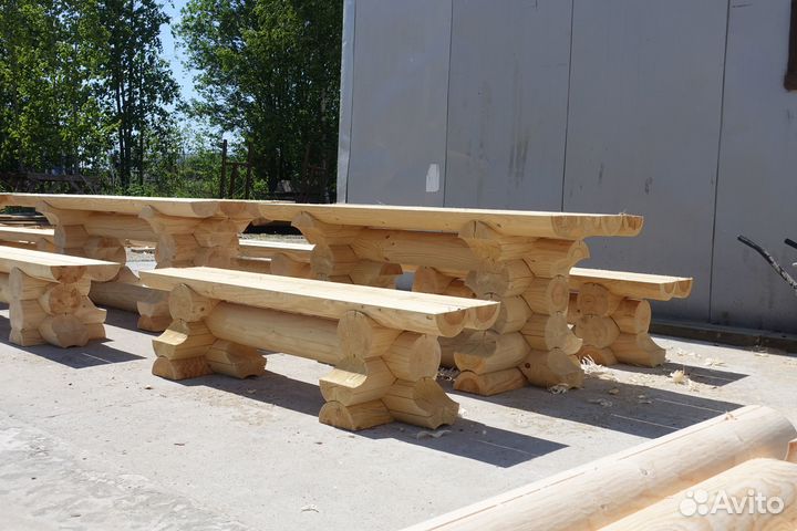 Сруб стола с лавками из бревна для Бани