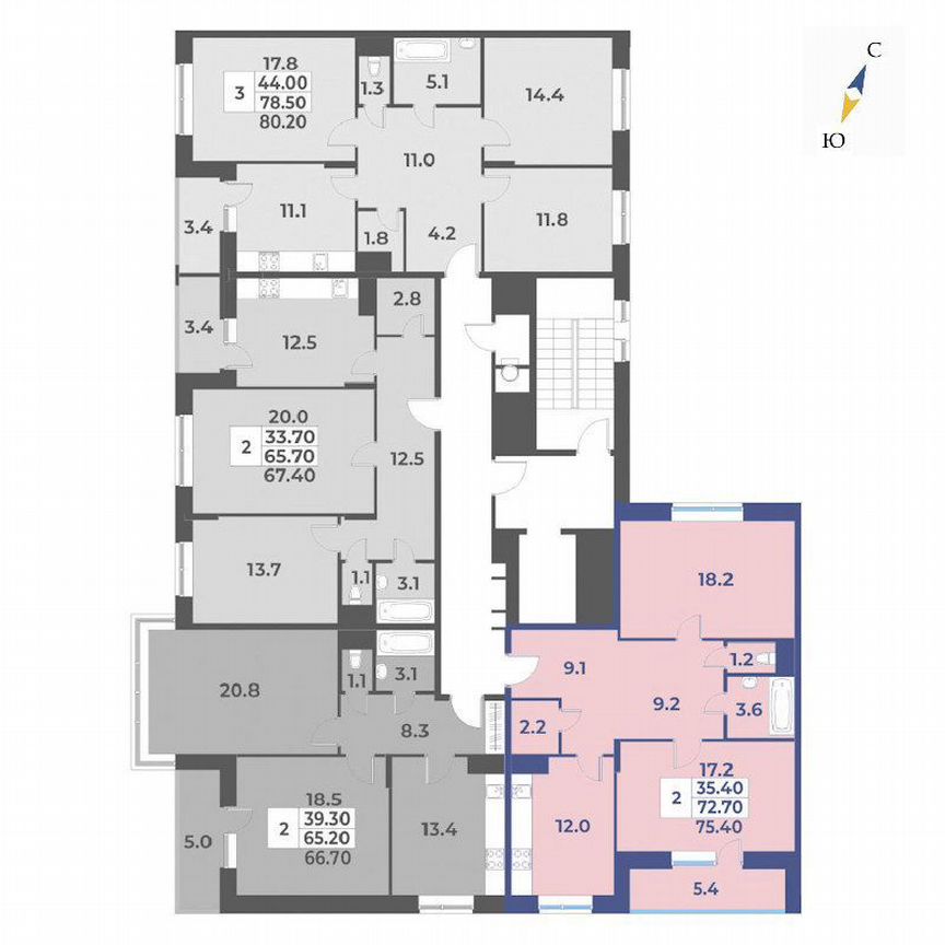 2-к. квартира, 75,4 м², 5/7 эт.