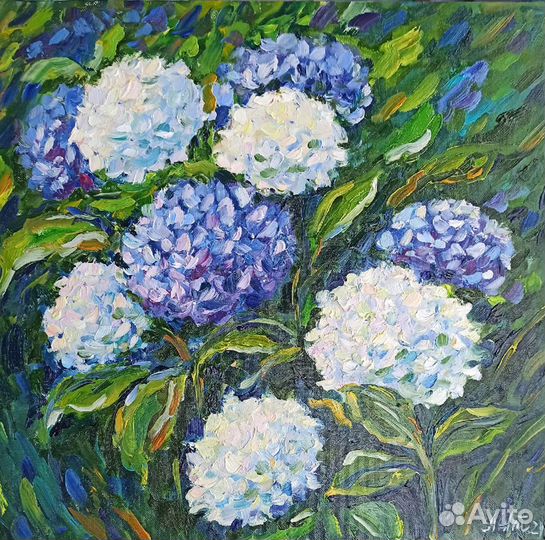 Картина маслом с цветами гортензии маслом холст