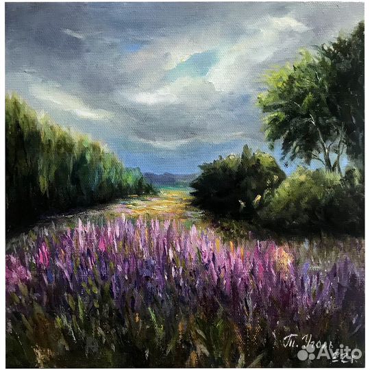 Картина пейзаж маслом на холсте лавандовая гроза