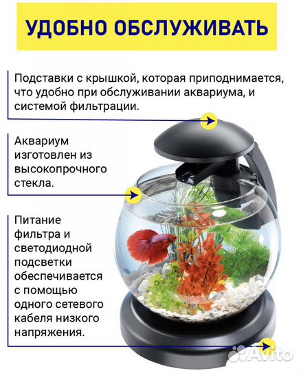 Аквариум круглый водопад, черный и белый (6,8 л)