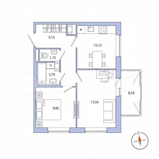 2-к. квартира, 48,2 м², 7/9 эт.