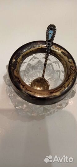 Старинная хрустальная солонка с ложечкой