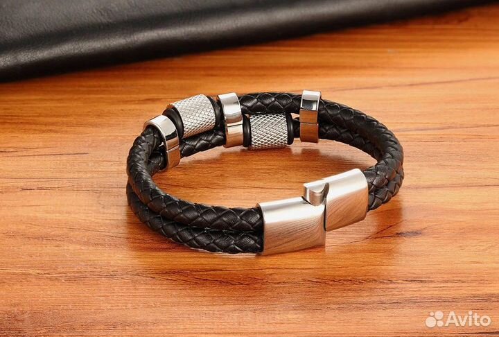 Браслет кожаный плетеный мужской стальной L42