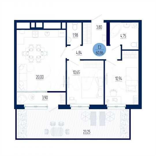 2-к. квартира, 60,9 м², 1/18 эт.