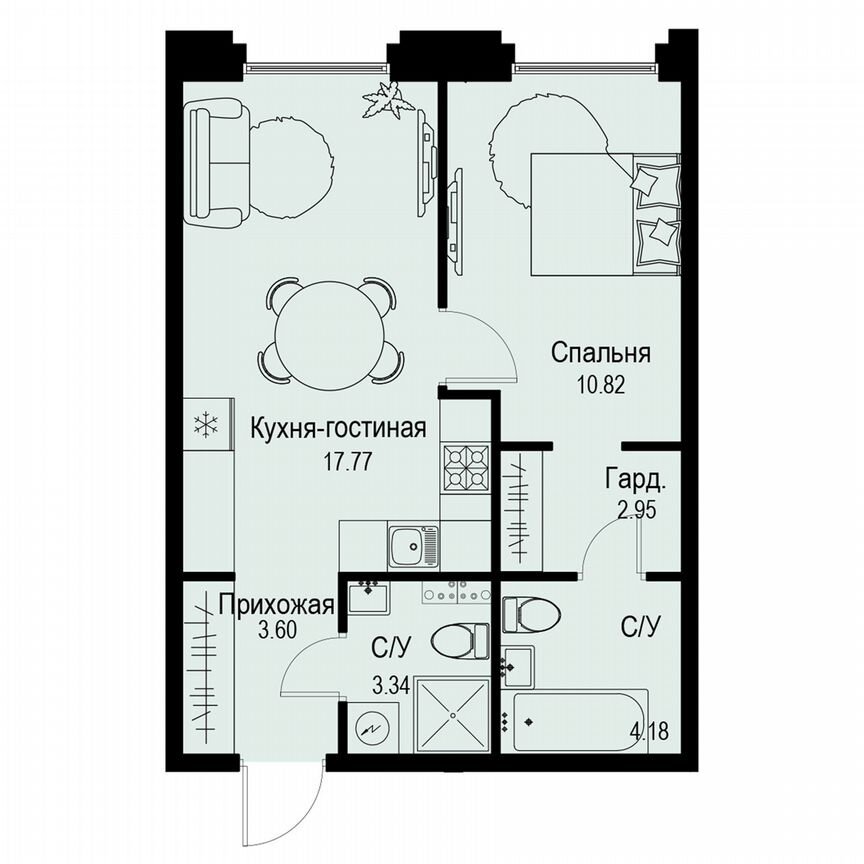 1-к. квартира, 42,7 м², 2/6 эт.