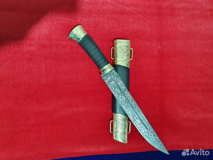 Нож пластунский из Дамасск резной. 100 ручная раб