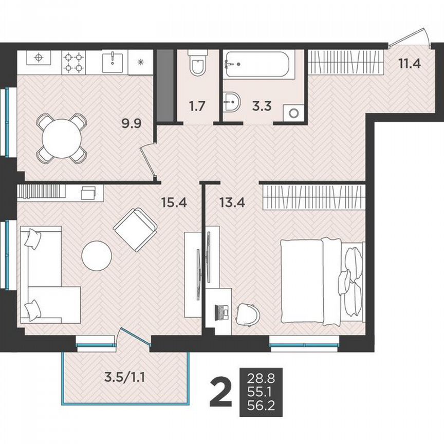 2-к. квартира, 56,2 м², 3/3 эт.