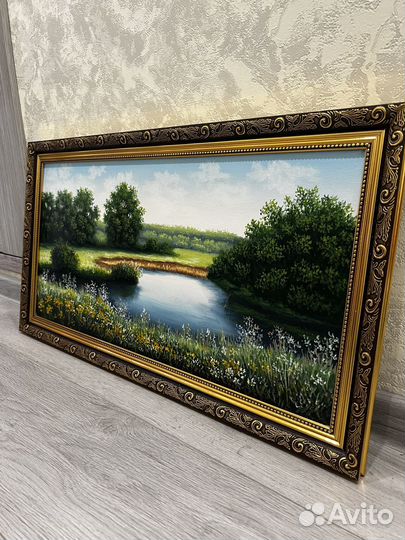 Картина масло холст пейзаж озеро пруд лето