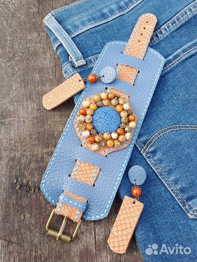 Браслет из натуральной кожи и натурального камня