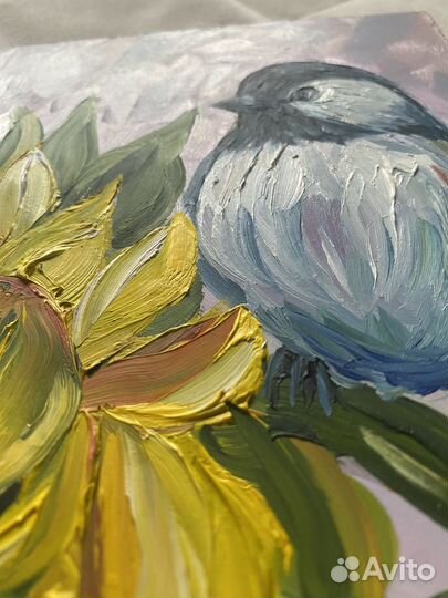 Птичка подсолнух картина маслом миниатюра