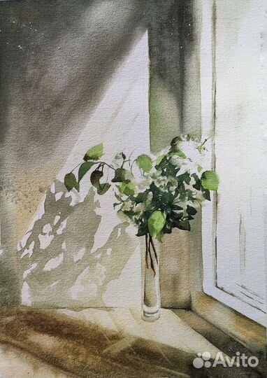 Картина акварелью Цветы у окна