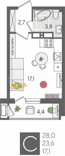 Квартира-студия, 28 м², 11/24 эт.