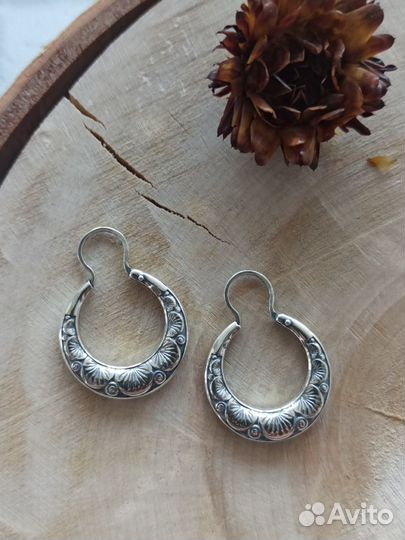Серебряные серьги калачи СССР с рисунком