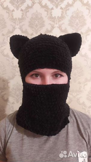 Балаклава с ушками кошки крючком