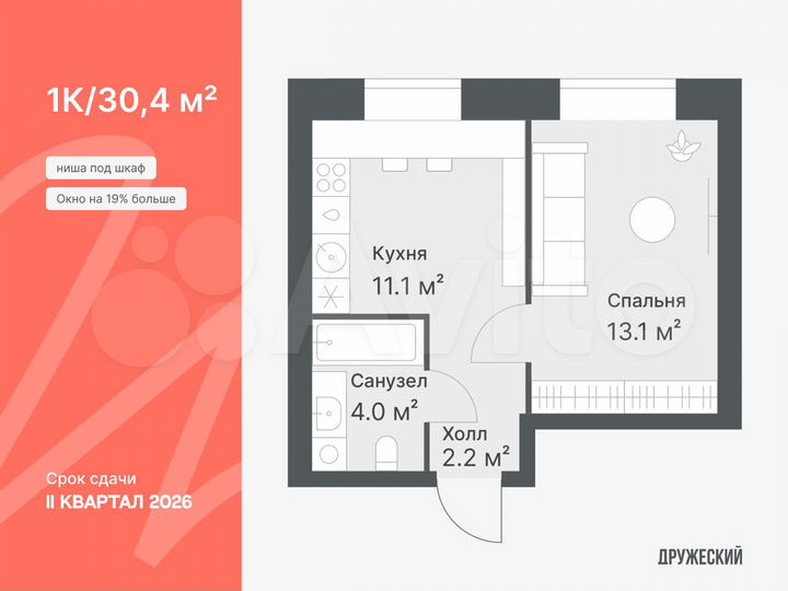 2-к. квартира, 30,4 м², 6/14 эт.