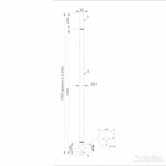 Свая-стойка винтовая d51х1700 мм (50х50х200 мм/ d51х1500 мм)
