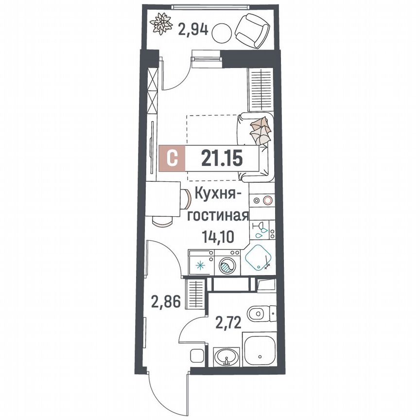 Квартира-студия, 21,2 м², 9/18 эт.