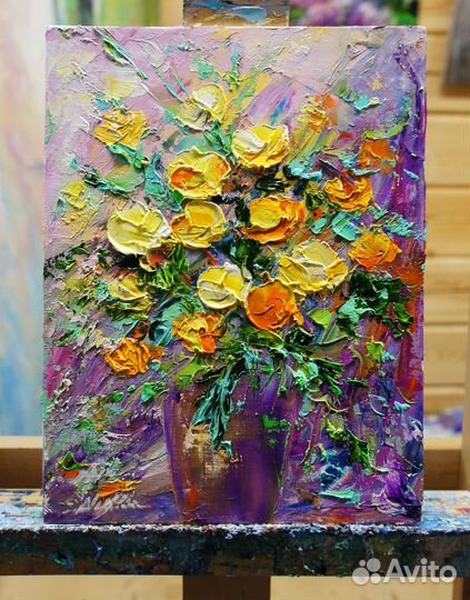 Картина маслом, Цветы-Купавки, 24х18 см