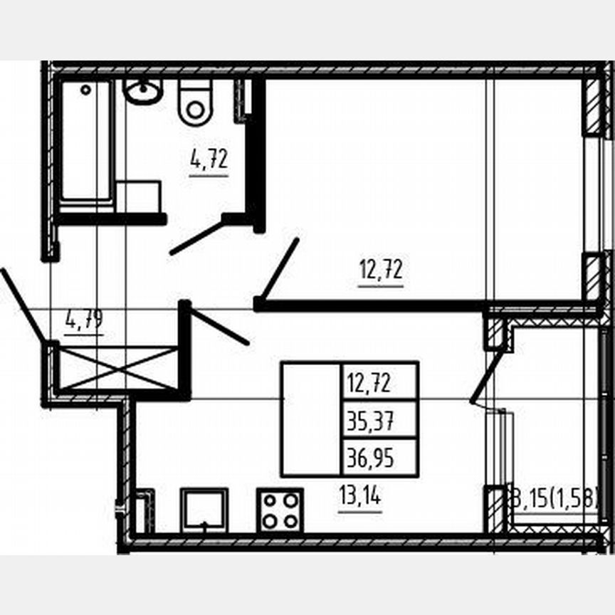 1-к. квартира, 35,4 м², 1/4 эт.