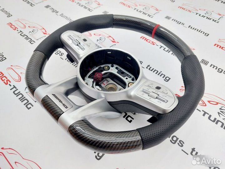 Руль в стиле 63 AMG карбон красная полоса E-class