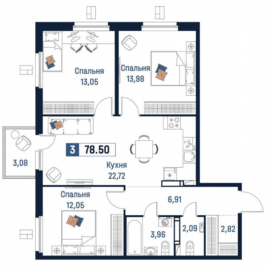 3-к. квартира, 78,5 м², 5/18 эт.