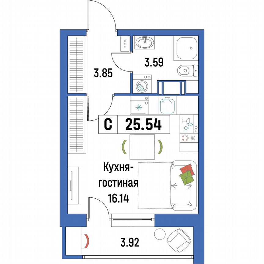 Квартира-студия, 25,5 м², 8/16 эт.