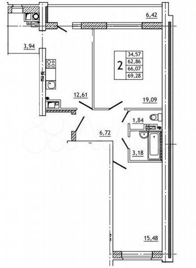 2-к. квартира, 69,4 м², 2/10 эт.