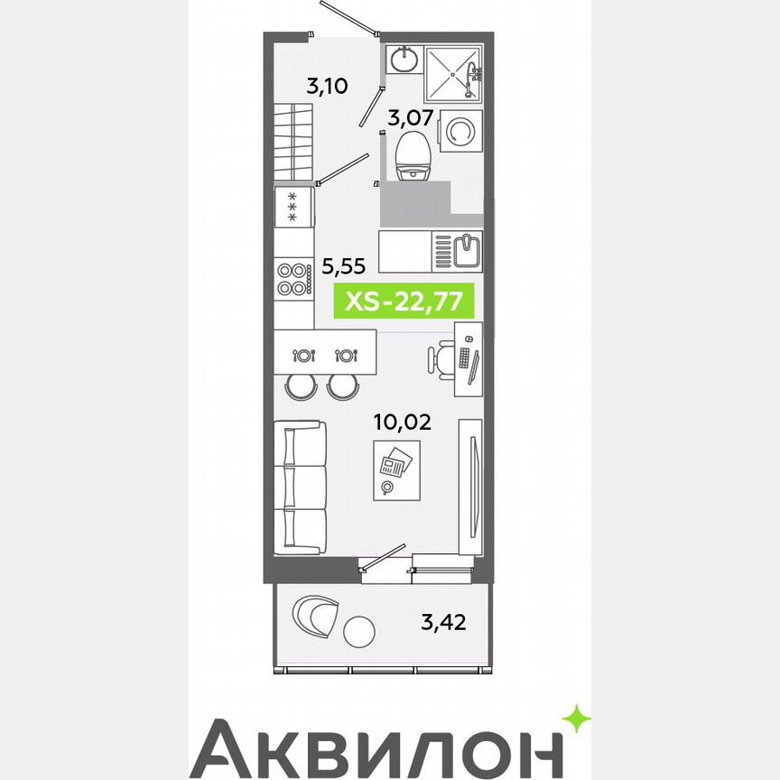Квартира-студия, 22,8 м², 4/12 эт.