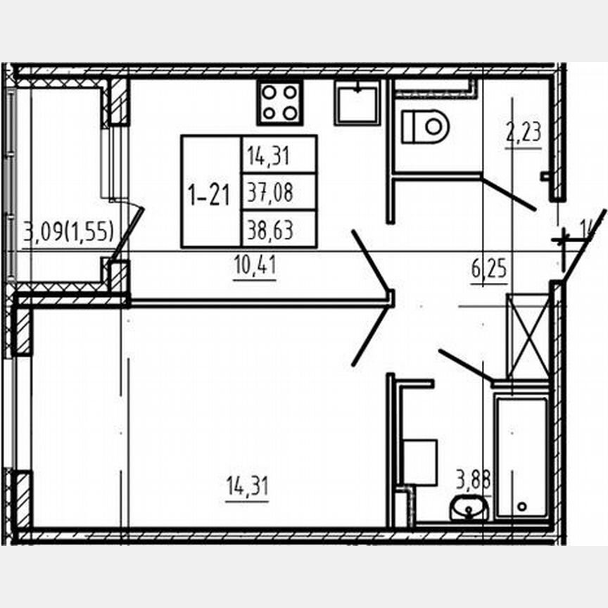 1-к. квартира, 37,1 м², 1/4 эт.